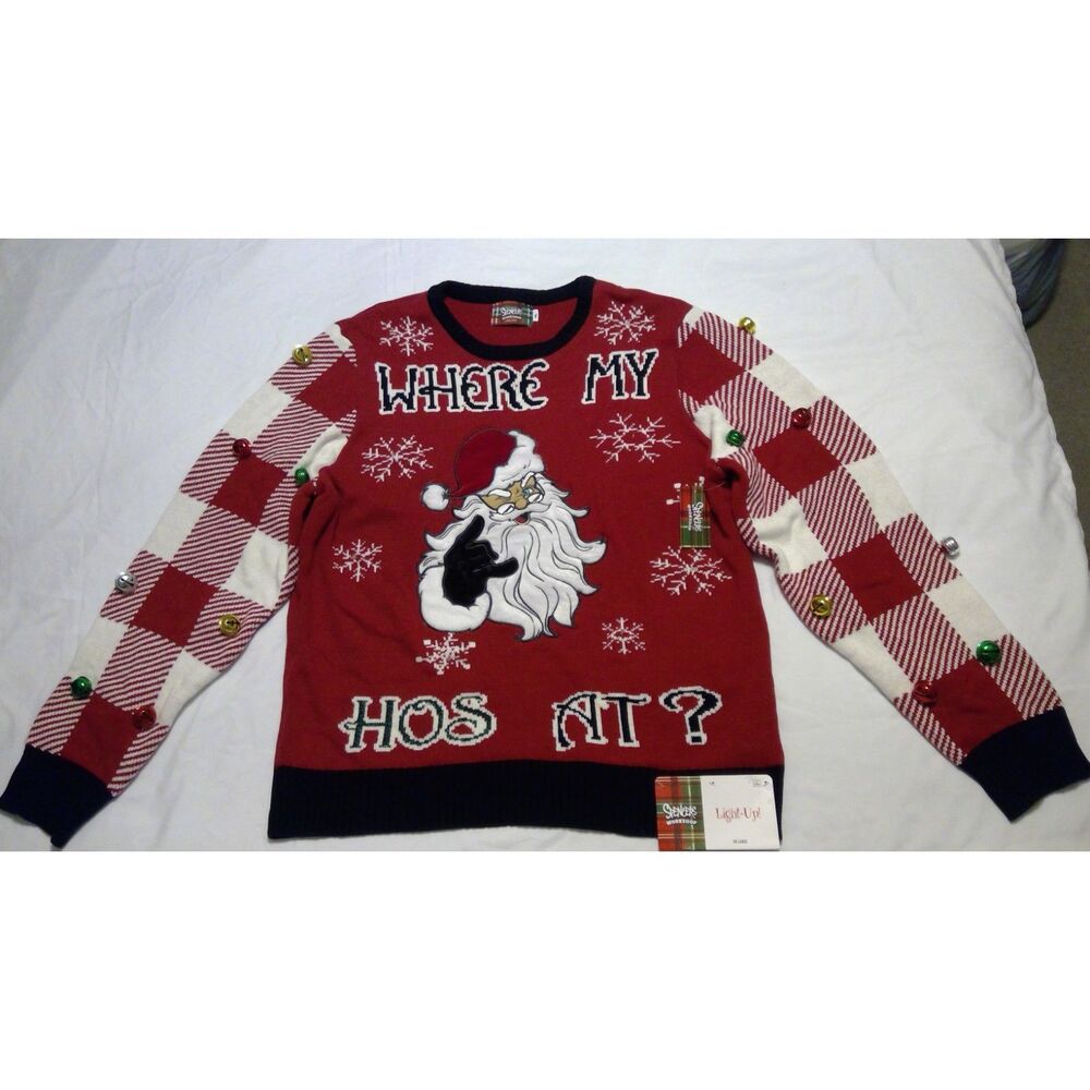 NWT Spencer’s Light Up Ugly Christmas Sweater “Where My Ho’s At?” w/ Bells XXXL